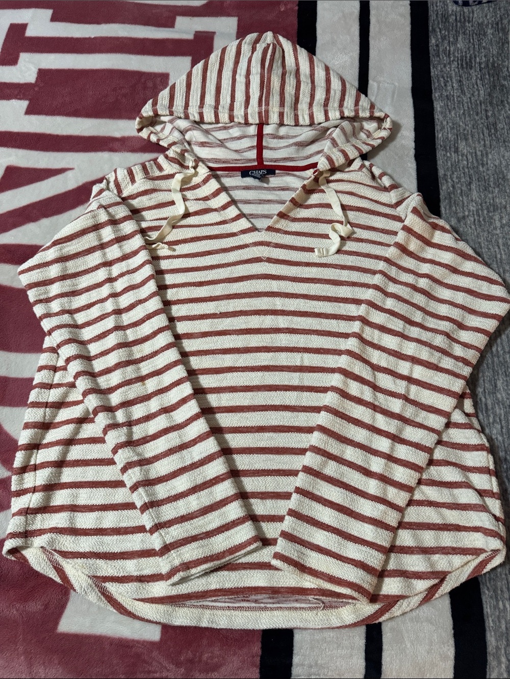 Chaps Women's Cream and Rust Striped Hooded V‑Neck Sweater